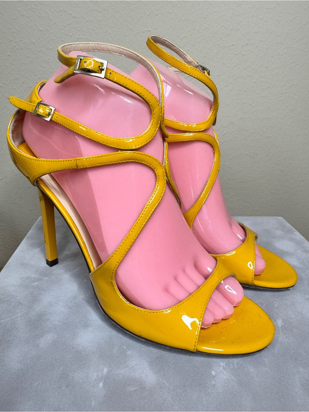 Jimmy Choo Yellow Patent Leather Strappy Stiletto Sandals